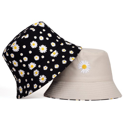 Topi Bucket Dua Sisi Anti Uv Motif Bordir dan Sablon Bunga Daisy Bahan Drilll / Daisy 002-Krem Bunga Anak