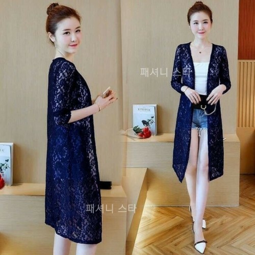 Kardigan Outerwear Wanita  Gardigan Cardigan Auter Cewek Panjang Kekinian Import Korea Bahan Brokat-Navy