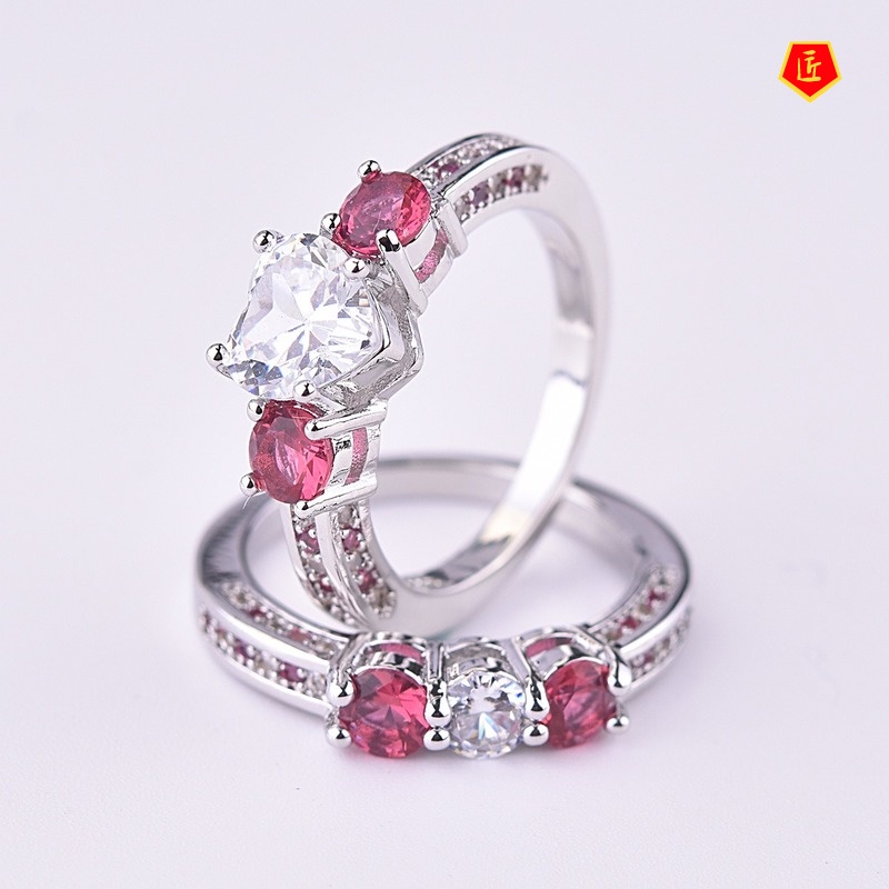 [Ready Stock]Heart-Shaped Ruby-Corundum Gem Diamond Ring Fashion Personality