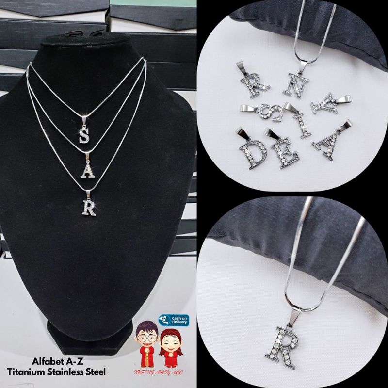 KALUNG SILVER ANTI KARAT - ANTI LUNTUR !!! Kalung Titanium Liontin Huruf Inisial A SAMPAI Z