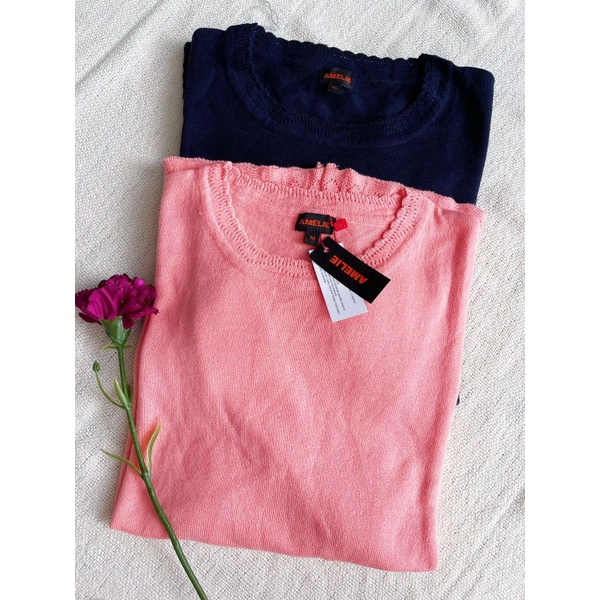 Ameli* Navy n pink long sleeve scalloped neck top