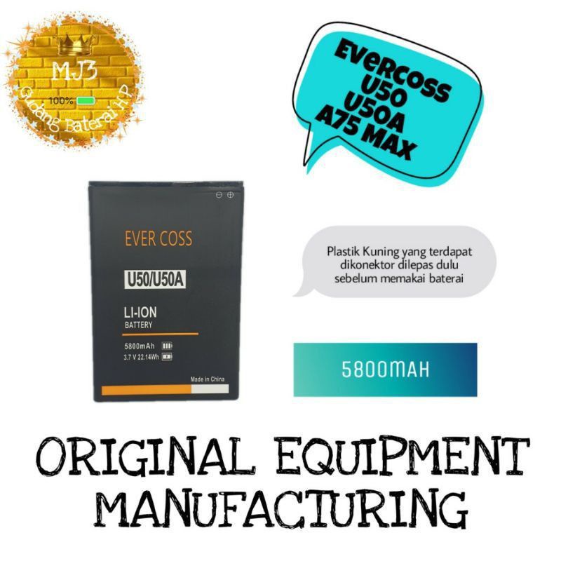 baterai hp Evercoss U50/U50A /A75 Max 100% ORIGINAL