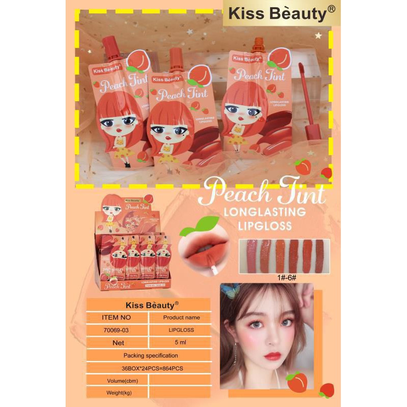 PER 6PCS LIP GLOSS MATTE  KISS BEAUTY SASET PEACH TINT NO.70069