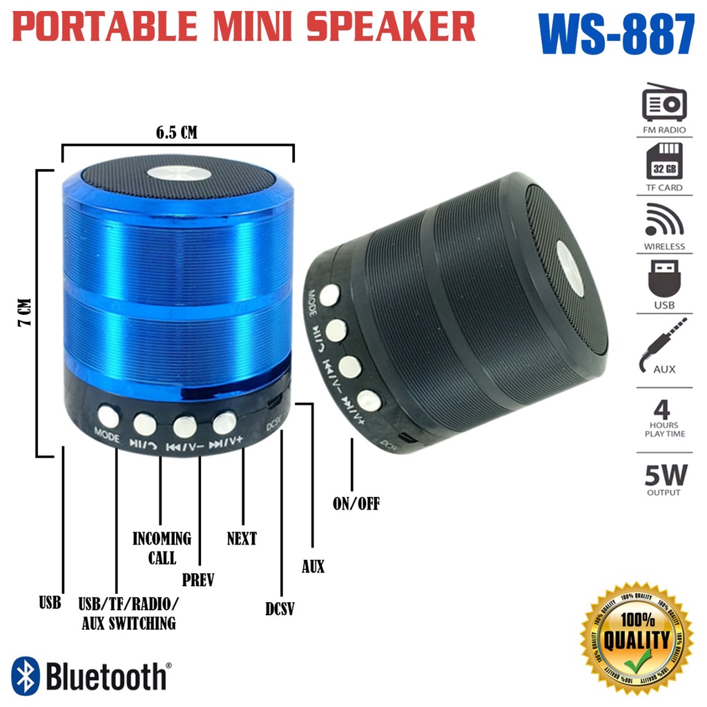 Speaker Bluetooth WS-887 PORTABLE Wireless Speker Mini Music Box WS887 STEREO SUPER BASS