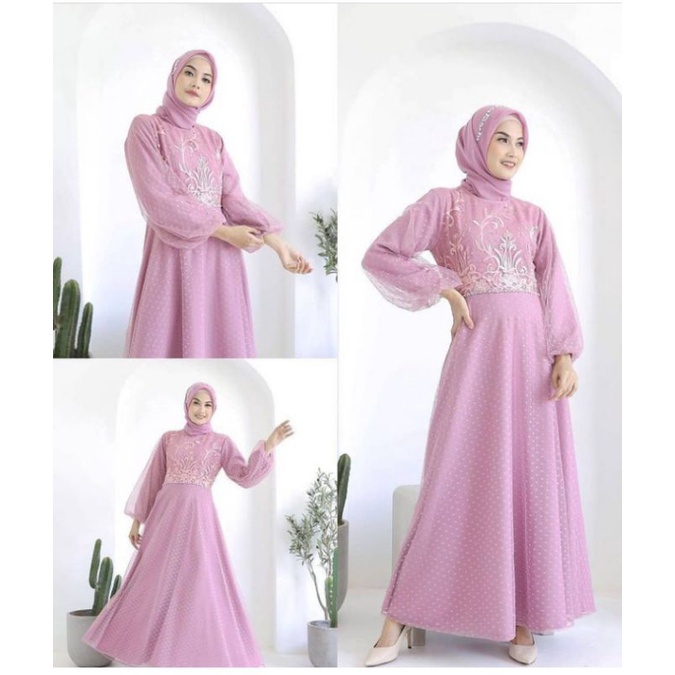 GAUN MUSLIMAH TERBARU GAUN KOMBINASI TULE DOT DAN BAROKAT MUTIARA BAHAN DALAM  MAXMARA