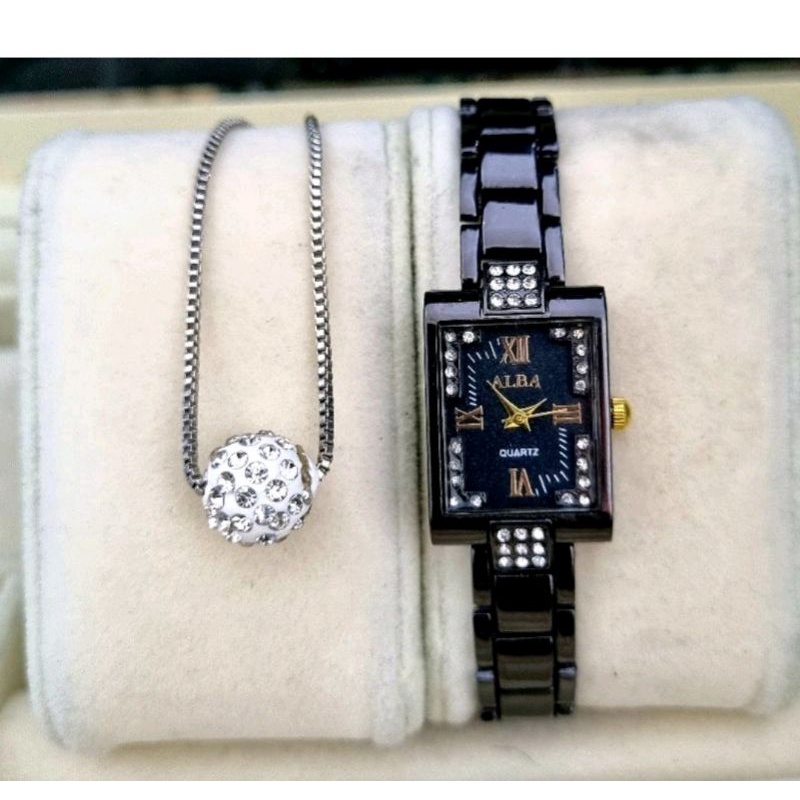 Jam tangan wanita alba segi rantai murah plus kalung korea
