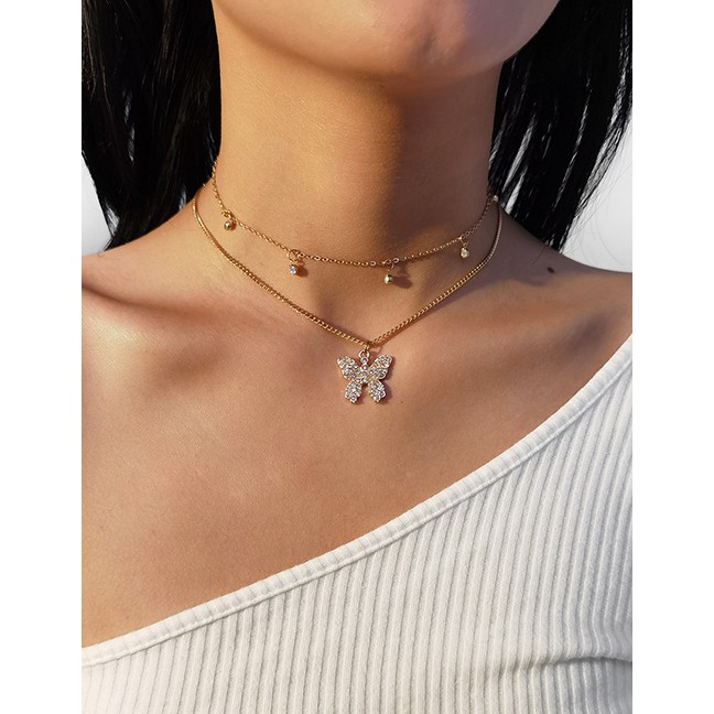 LRC Kalung Wanita Fashion Golden Micro Diamond Butterfly Alloy Multilayer Necklace P03662