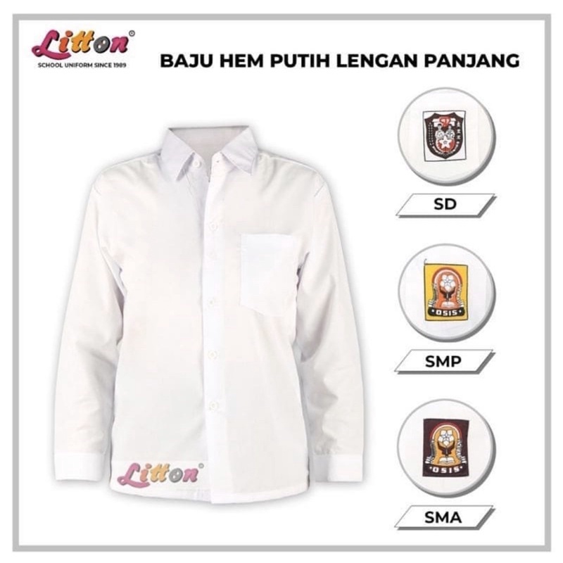 Seragam kemeja lengan panjang PUTIH Litton POLOS SD SMP SMA bahan adem / Hem sekolah putih