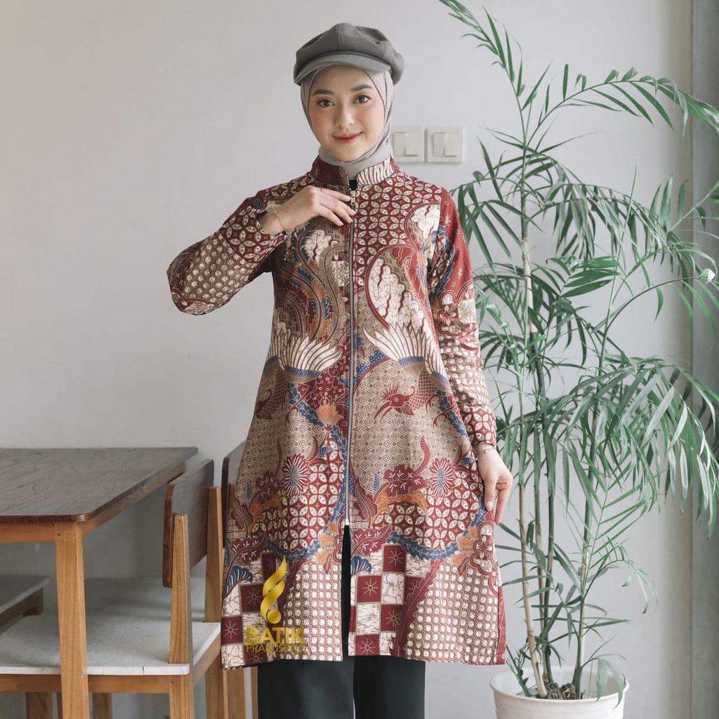 BATIK PRABUSENO Batik Wanita Lengan Panjang Modren Motif Surya Kencana Full Furing Trikot Baju Batik