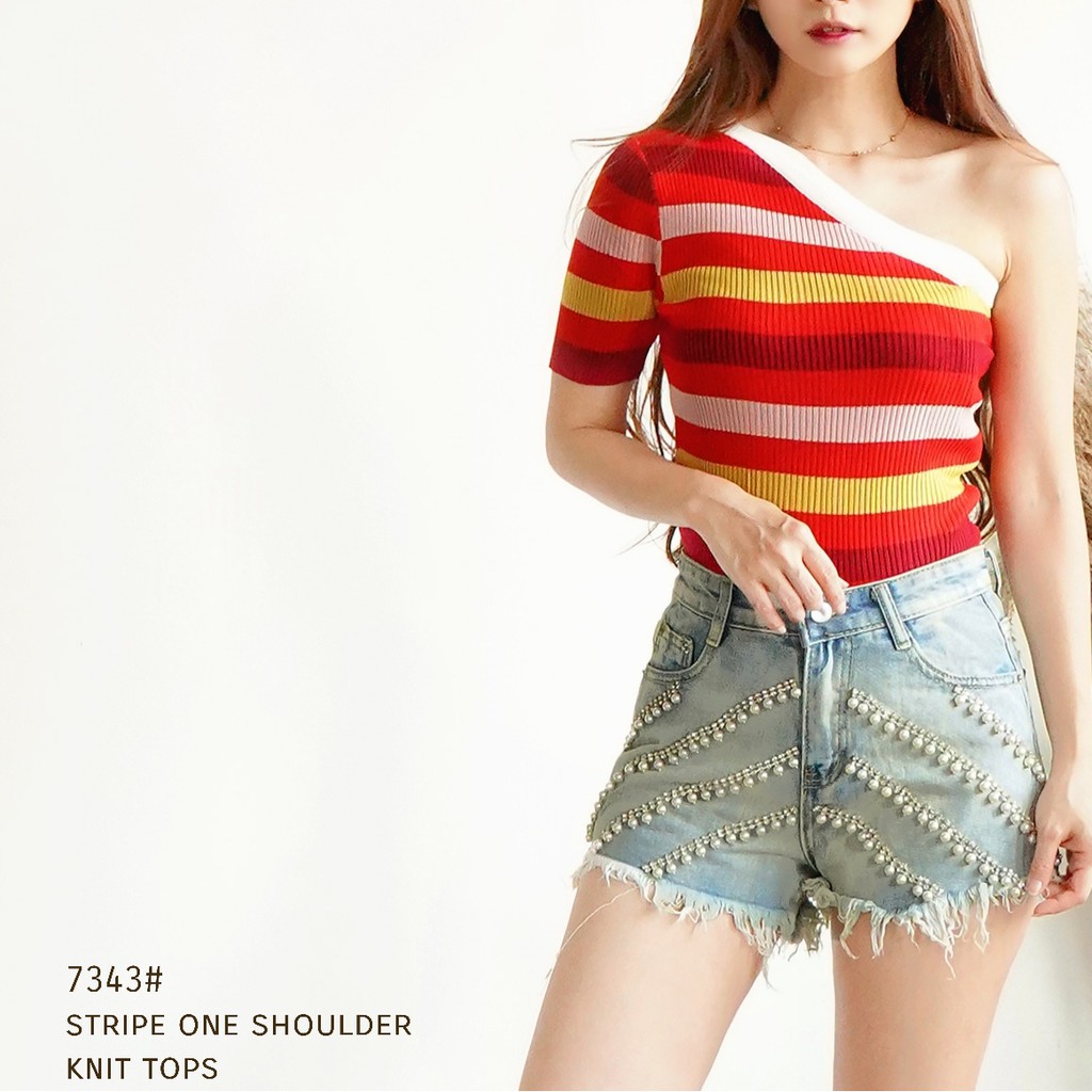 7343 STRIPE  OS BLOUSE ONE SHOULDER PREMIUM FASHION Baju IMPORTIR TERMURAH IMPOR GROSIR MURAH IMPORT