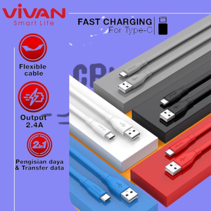 Vivan Data Cable CBC100S Type-C 2.4A 100cm Colorful Kabel Data TypeC Fast Charging PER PCS