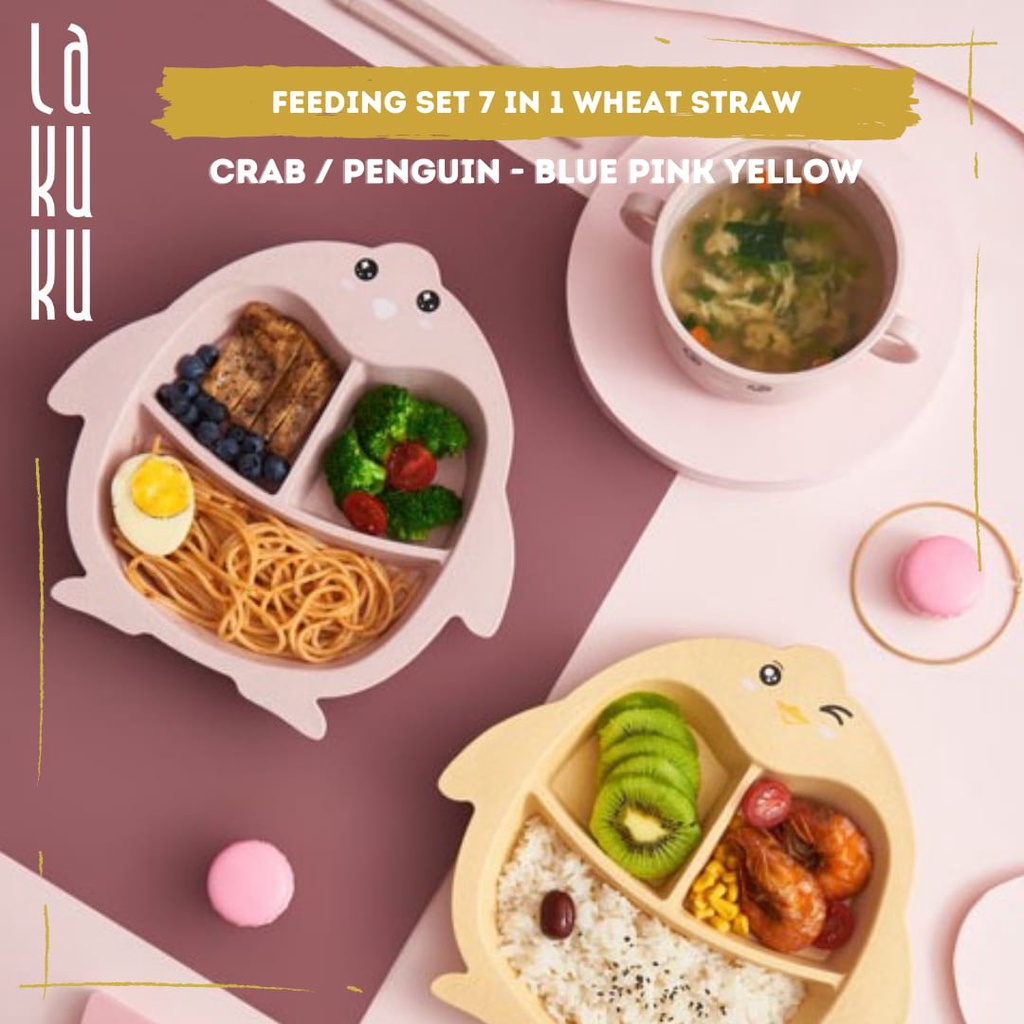 Lakuku - Feeding set 6 in 1 Crab Penguin wheat straw Peralatan Makan Anak Piring Gelas Mangkuk jerami gandum