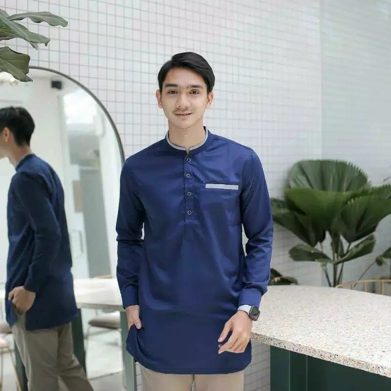 BAJU KOKO KURTA LENGAN PANJANG PRIA DEWASA (MATT KATUN TOYOBO ORIGINAL) SIZE M L XL XXL-Panjang Navy