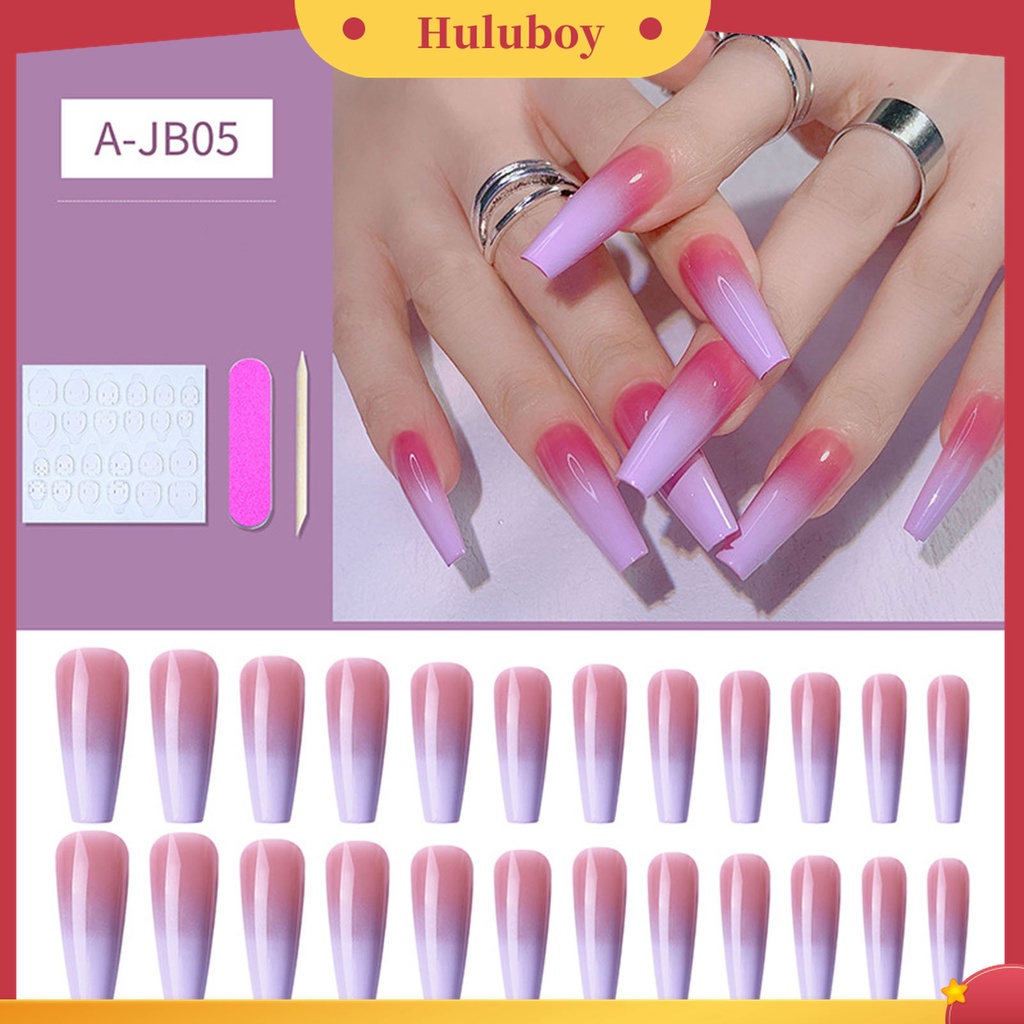 Huluboy Huluboy♡ 24pcs / Box Kuku Palsu Ultra Tipis Warna Gradasi Untuk Manicure