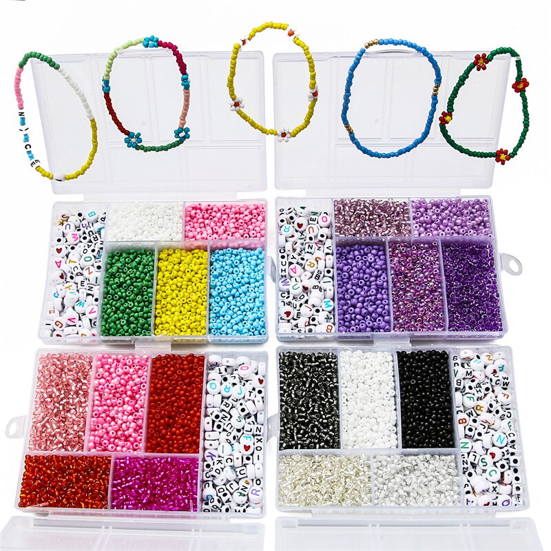 3500Pcs/box 3mm Glass Seed Beads Plastic Alphabet Letter Heart Beads with 5M Elastic Cord Mix Kits For Jewelry DIY Bracelet Make