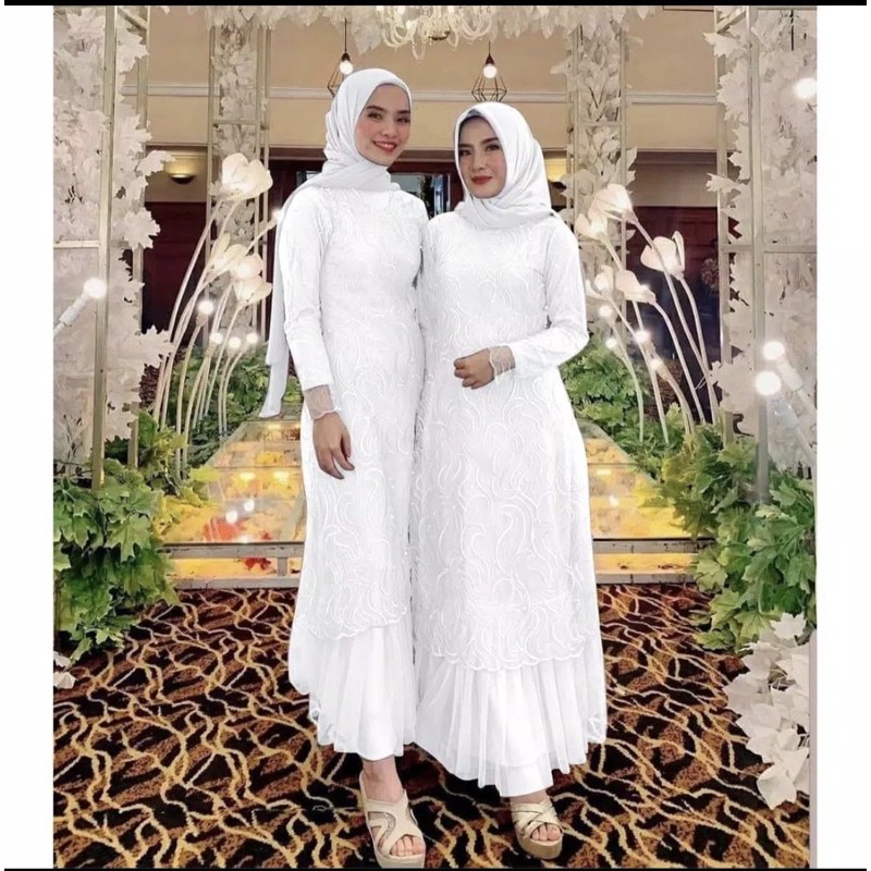MAXI GERALDINE S M L XL XXL XXXL/GAMIS MUSLIM FASHION WANITA/MAXI KONDANGAN SERAGAM ACARA-Putih
