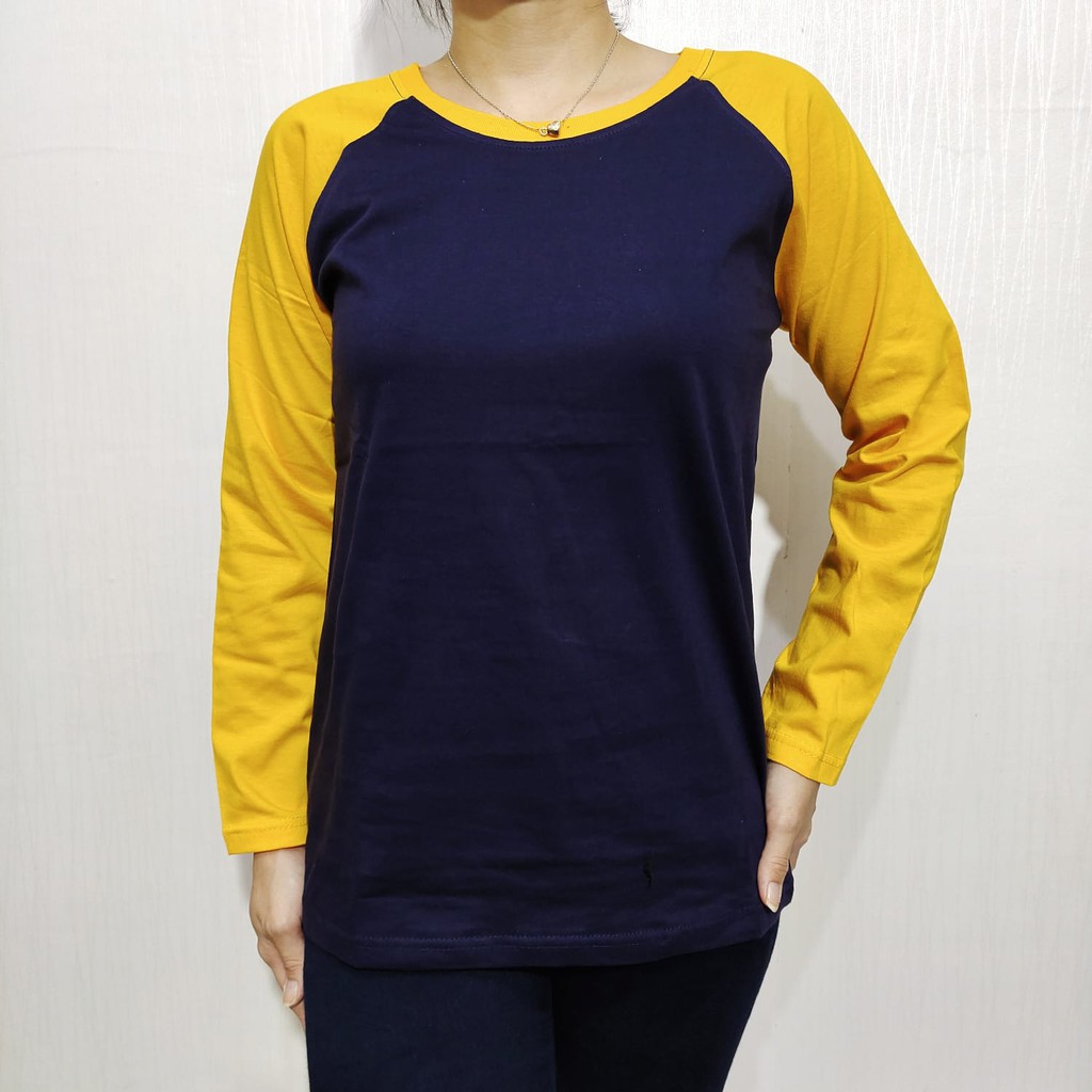 kaos polos raglan navy lengan kuning panjang M L XL XXL