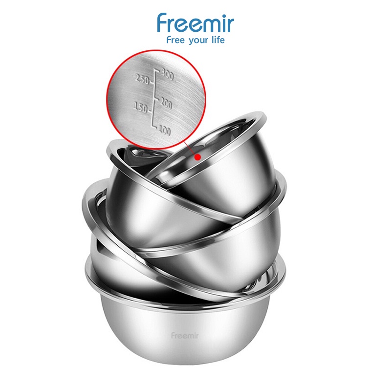 Freemir  5 Pcs Mixing Bowl Set Baskom Stainless Steel Tebal Skala Pengukuran Mangkuk Besi Stainless 