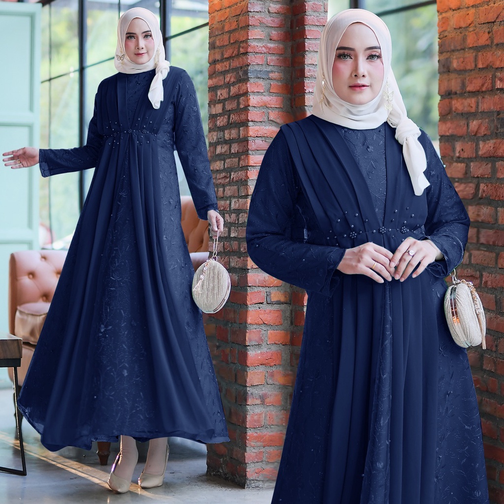 Rumaisha Baju Muslim Wanita Jumbo Gamis Full Brukat Tile Remaja Dewasa Premium Fashion Gamis Kondangan-NAVY