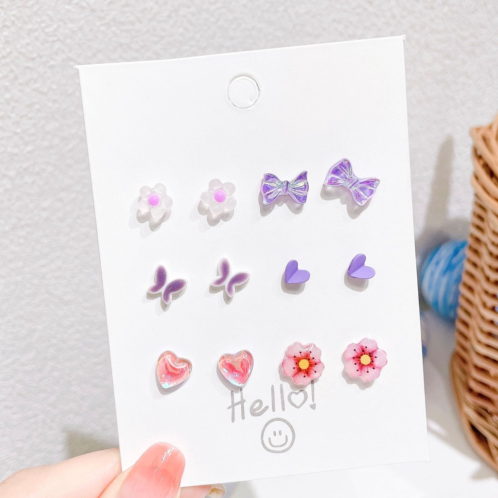 Set Anting Stud Desain Butterfly Heart Bow Flower Bahan Keramik Resin 17km Untuk Wanita-8