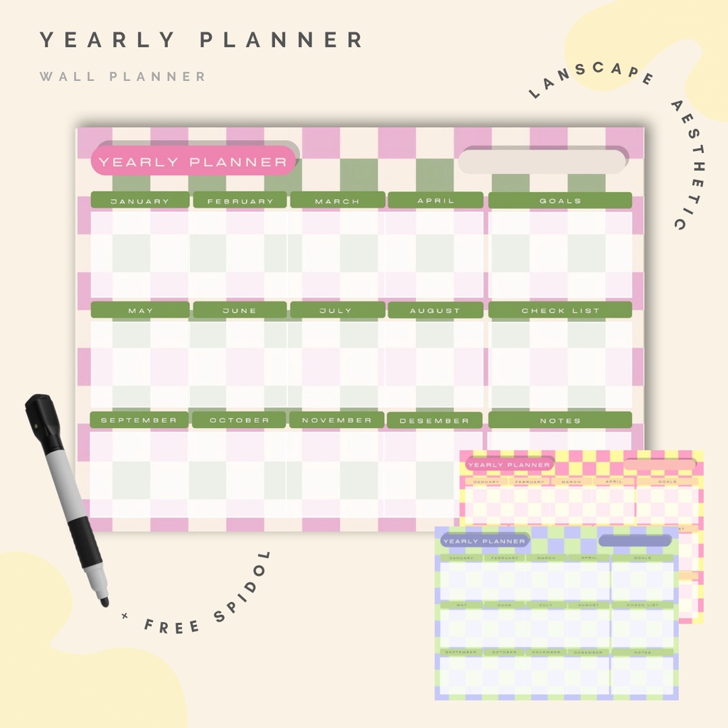 

Wall Planner Solucine - Gingham Addict Series - Yearly Planner, Monthly Planner, Weekly Planner, Daily Planner, Meal Planner - Free spidol + Reuseable - A3 / A4