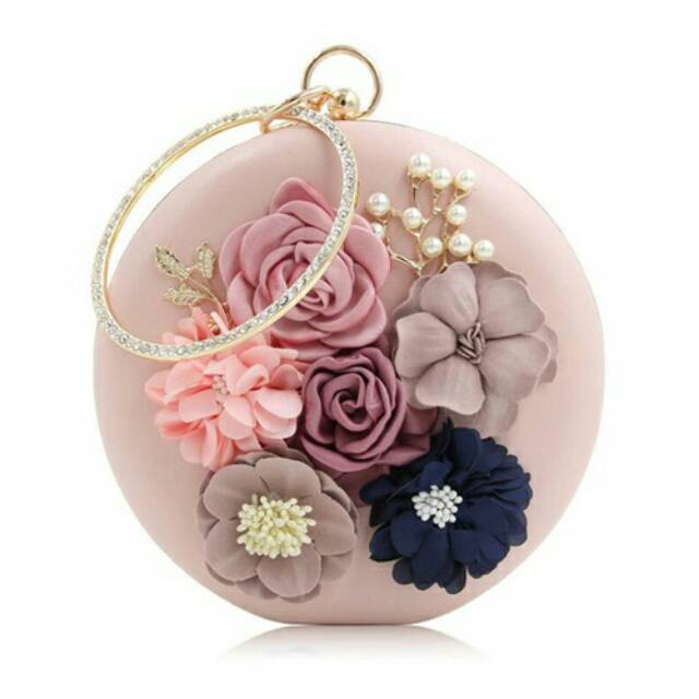 JT0064-Tas Pesta Bulat Bunga Import Cantik