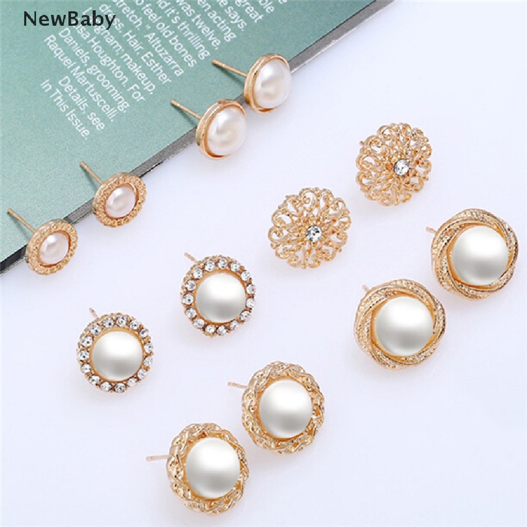 NewBaby 6 Pairs Elegant Crystal Rhinestone Diamond Pearl Sign Ears Tiny Studs Earrings ID