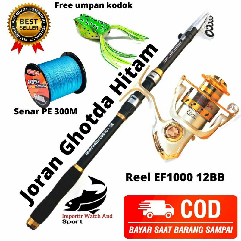 Pancing Set joran  ghotda hitam dan  Reel EF 1000 12 BB  Benang PE 300 Meter  Joran dan ril satu set