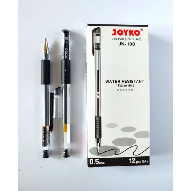 

Pulpen Gel Pena Gel Pen Joyko JK-100 Warna Hitam & Biru Water Resistant Tahan air 1 Pack 12 Pcs 0.5 mm