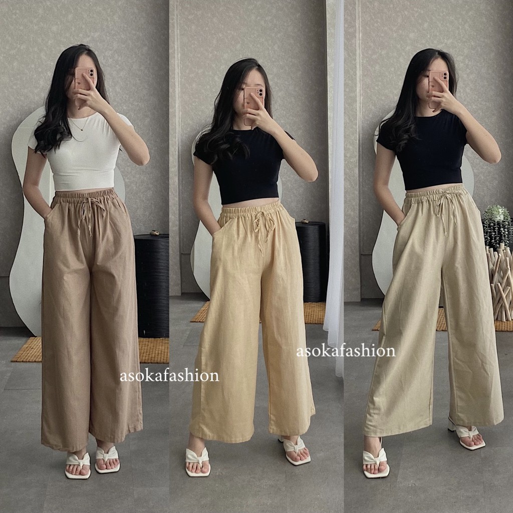 ASOKA Celana Kulot Linen Highwaist Pinggang Karet Wide Leg Cullote 552