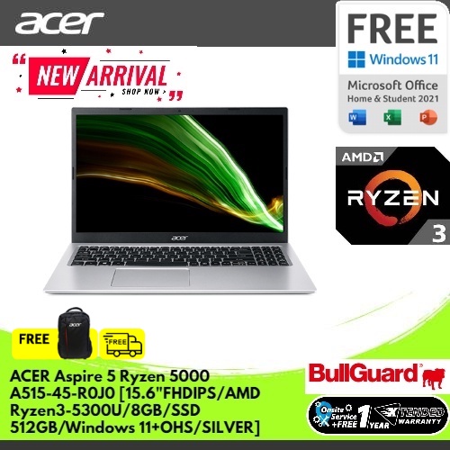 ACER ASPIRE 5 RYZEN 5000 A515-45-R0J0 [15.6"FHD IPS/AMD RYZEN3-5300U/8GB/SSD 512GB/WINDOWS 11+OHS/SI