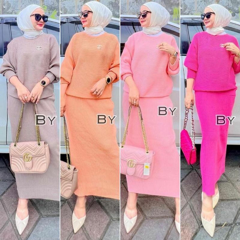 Marisska One Set Blouse Batwing Rok Rajut Import