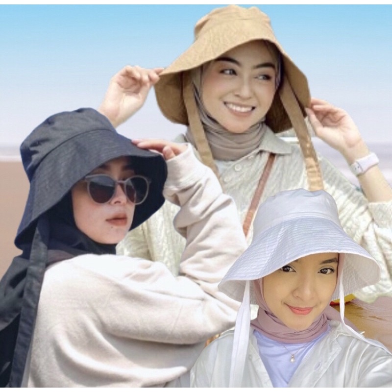 Topi Wanita Bucket Wide Hats  Daun Lebar Selebgram Aksen Tali Panjang Rimba polos Pantai Santai
