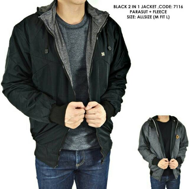 Jaket bolak balik 2in1 motor parasut fleece hitam polos cowok pria