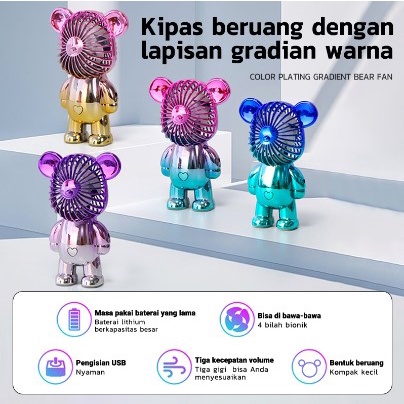 Kipas Angin Mini Portable / Mini Fan Karakter Beruang USB Cas / Kipas Angin Mini Beruang Alas Anti Slip