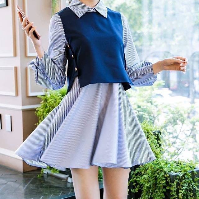 DS05 BLANCHE SET DRESS BLUE/ BAJU TERUSAN KEMEJA KERJA FORMAL WANITA IMPORT HONGKONG BANGKOK KOREA