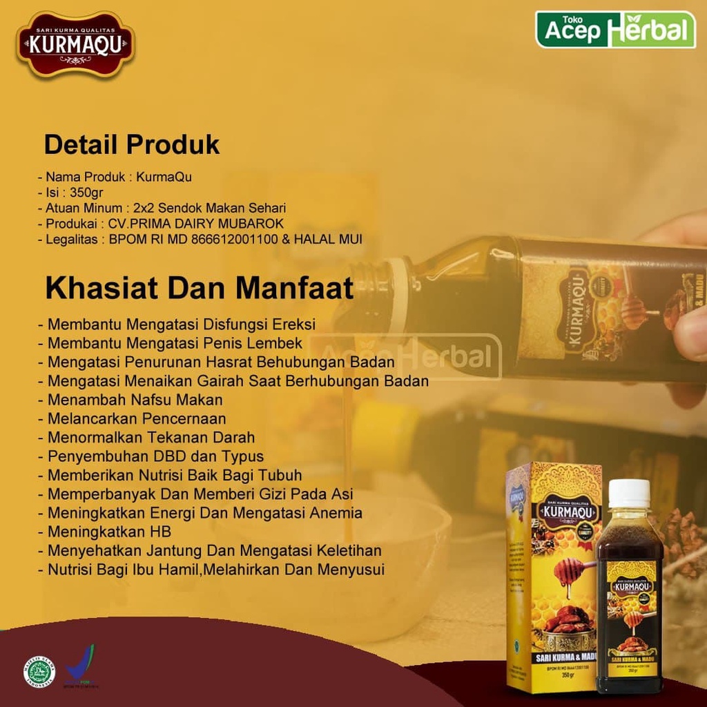 Obat Herbal Disfungsi Ereksi, Lemah Syahwat, Impotensi, Ejakulasi Dini, Tidak Tahan Lama, Penambah Gairah, Cepet Keluar, Stamina Pria, Hormon, Gangguan Rangsangan, Tekanan Darah Tinggi, Merokok, Depresi, Stres - KURMAQU Madu Sari Kurma 100% ORIGINAL