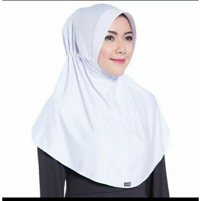 Kerudung Bergo Instan Elzatta Hitam Putih Zaria Sahara Hijab Serut Belakang Jilbab Instant Polos-Putih