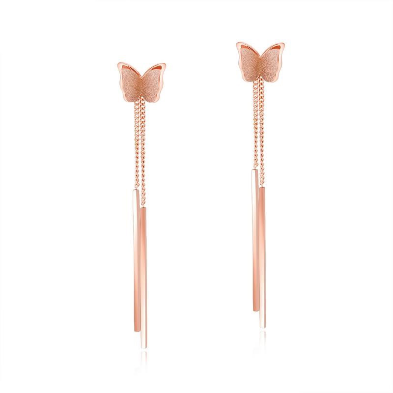 Anting Titanium Rose Gold Asli Wanita Fashion Anti Karat Murah AA005, motif kupu juntai bawah