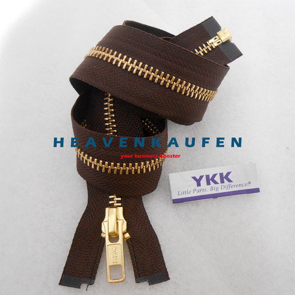 Resleting Zipper Jaket YKK 70 cm Atau 28 inch Type Gigi Besi Warna Coklat - Gold Emas Set Open-End Buka-Lepas