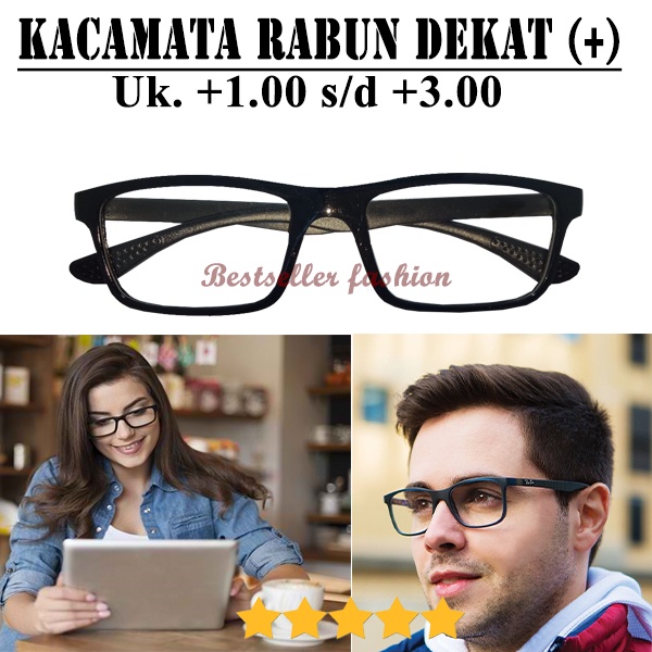 KACAMATA BACA LENSA PLUS (+) +1.00 sampai +3.00 FRAME HITAM  UNTUK PRIA DAN WANITA TANPA HARDCASE