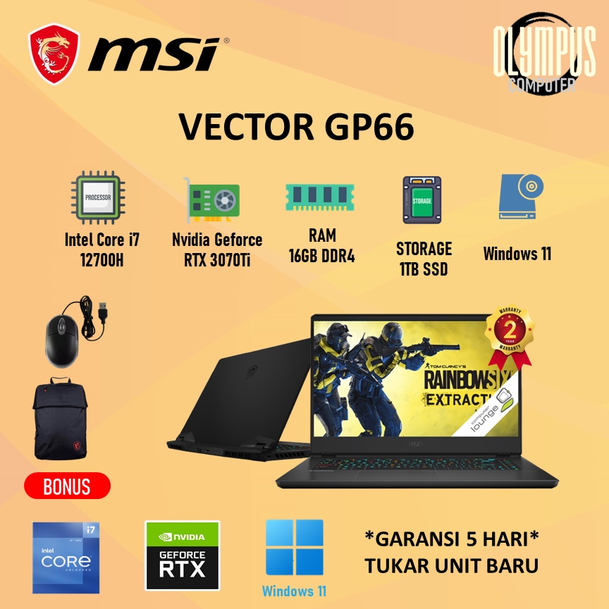 Laptop Msi Vector GP66 RTX3070Ti i7 12700H 16GB 1TBSSD W11 15.6QHD 165HZ