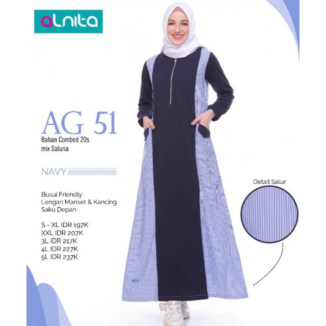 GAMIS ALNITA AG 51/ Gamis salur /gamis kaos combed kombinasi salur /gamis busui /gamis branded