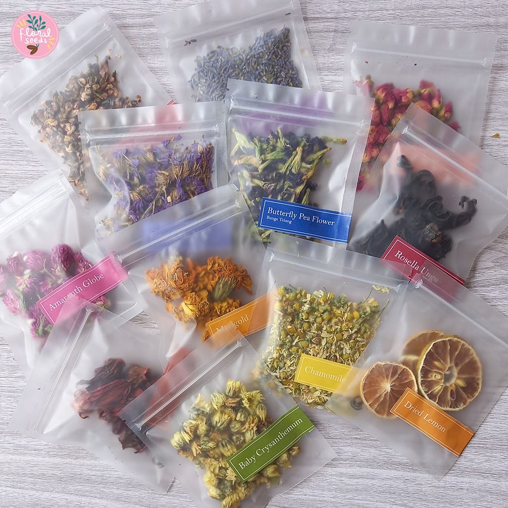 

Teh Bunga Kering Flower Tea Tisane Kemasan Mini Pack Flower Telang , Peony , Lavender, Jamine , Chamomile, Lemon , Jeruk nipis , Baby Chrysanthemum Krisan , Rosella, Forget me not , Marigold, Peach Blossom, daun mint Peppermint, Rose Buds Mawar Kenop