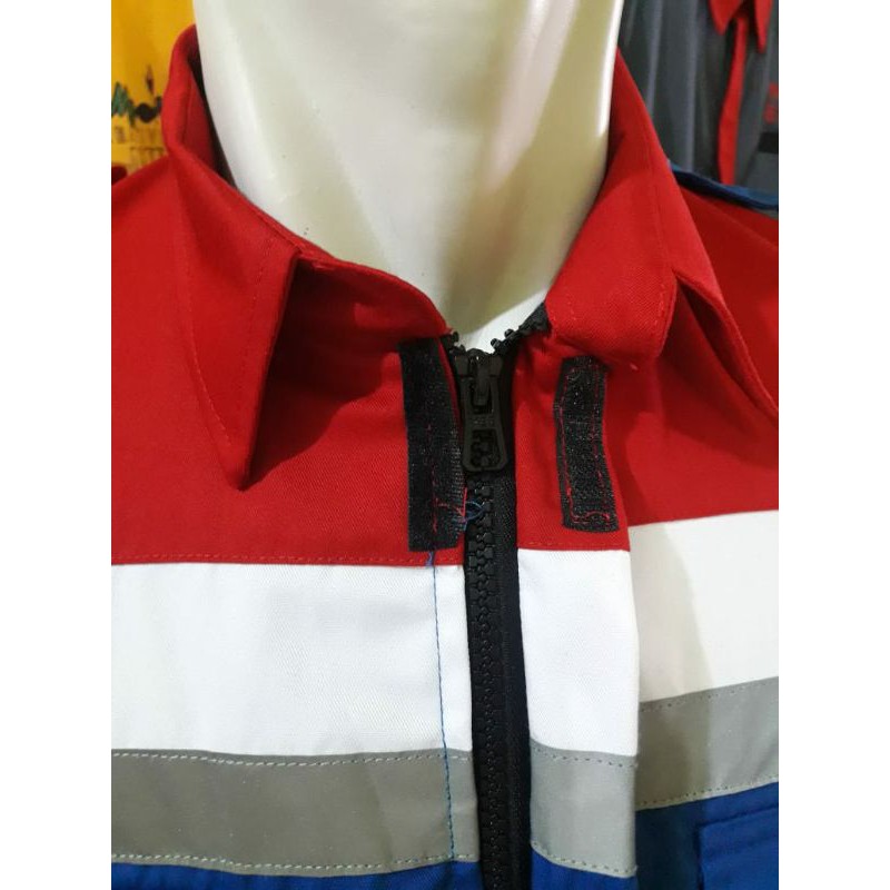 SERAGAM SAFETY BIRU MERAH MODEL PERTAMINA ATASAN RESLETING FREE LOGO K3 BENDERA