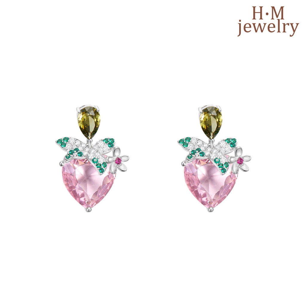 Set Kalung Anting Stud S925 Silver Bentuk Hati Hias Mutiara Berlian Warna Pink Gaya Rock