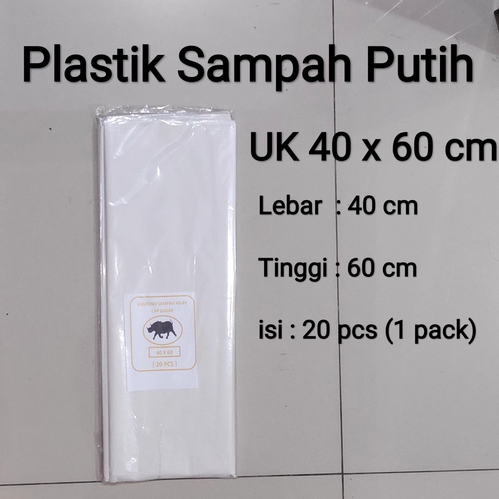 kantong Plastik Sampah Putih uk 90x120 (8pcs) / 60x100 (15pcs) / 50x75 (20pcs) / 40x60 (20 pcs), trashbag/trash bag putihputih, kantong sampah putih, kantong Sampah Putih