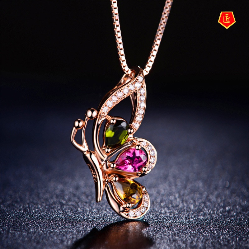 [Ready Stock]Colorful Gem Water Drop Pendant 18K Rose Gold