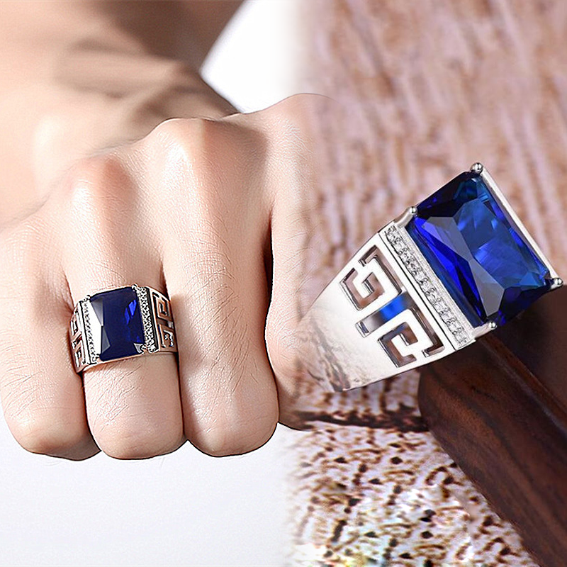 Cincin Kasual Berlian Emas Putih Safir Asli Pria Aksesoris Fashion Perak Batu Biru Diamond Rings