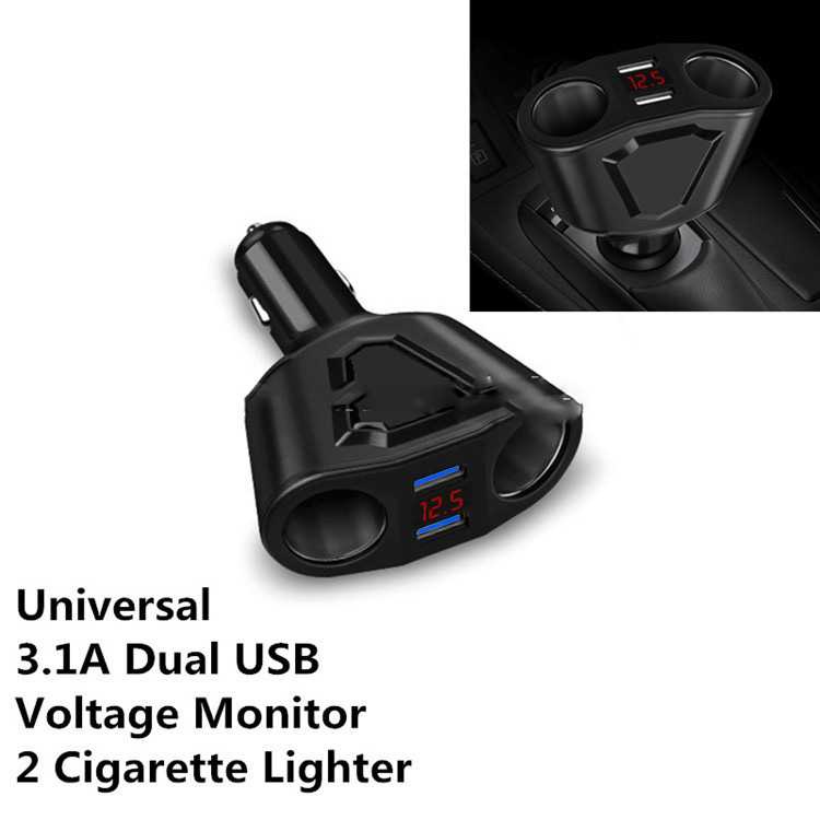 (100% BARANG ORI) Car Charger Voltage Monitor 2 Port 3.1 A with 2 Cigarette Socket 120 W